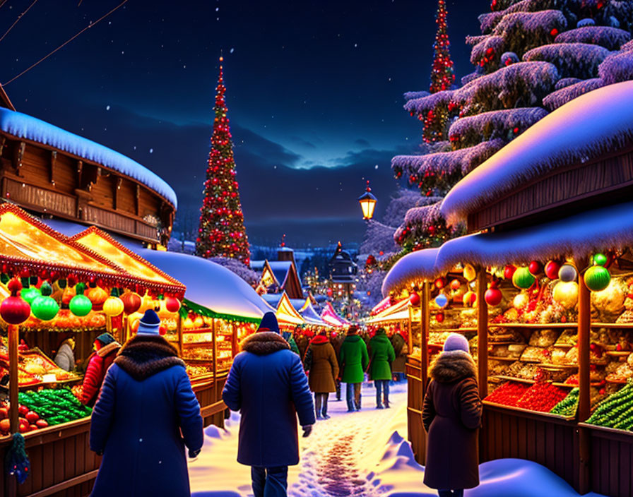 Snow-covered night holiday market with colorful lights and Christmas trees