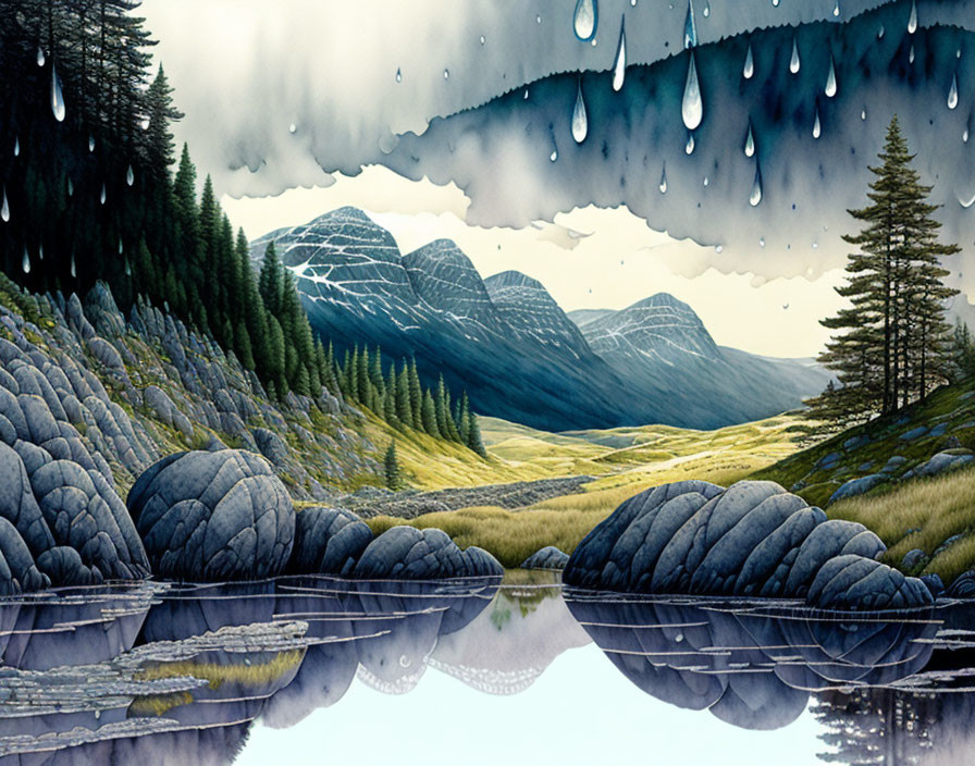 Surreal landscape: brain-shaped rocks, suspended rain droplets, mountains, reflective lake