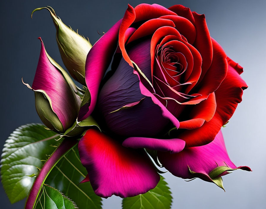 Digitally-enhanced red rose with magenta edges and green leaves on gray backdrop