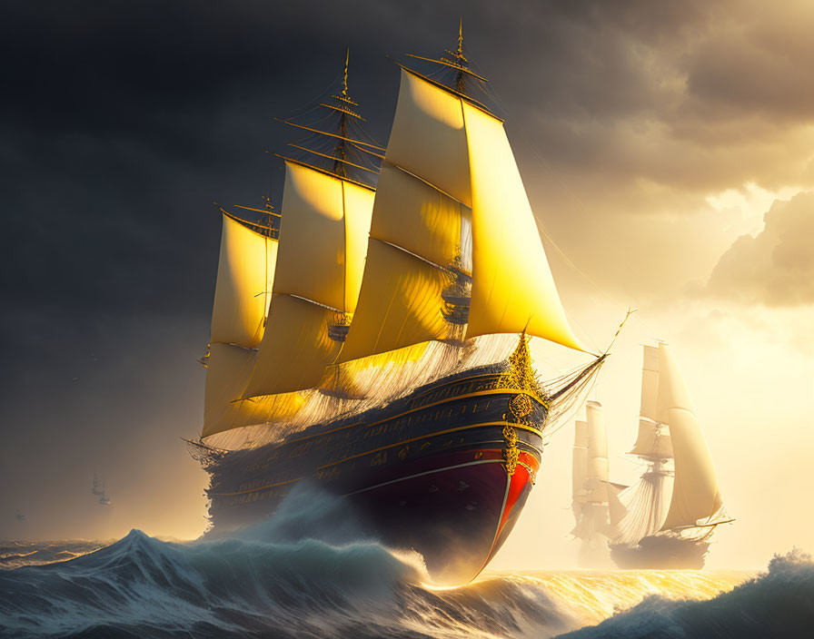 Tall ship with full sails on turbulent seas at sunset