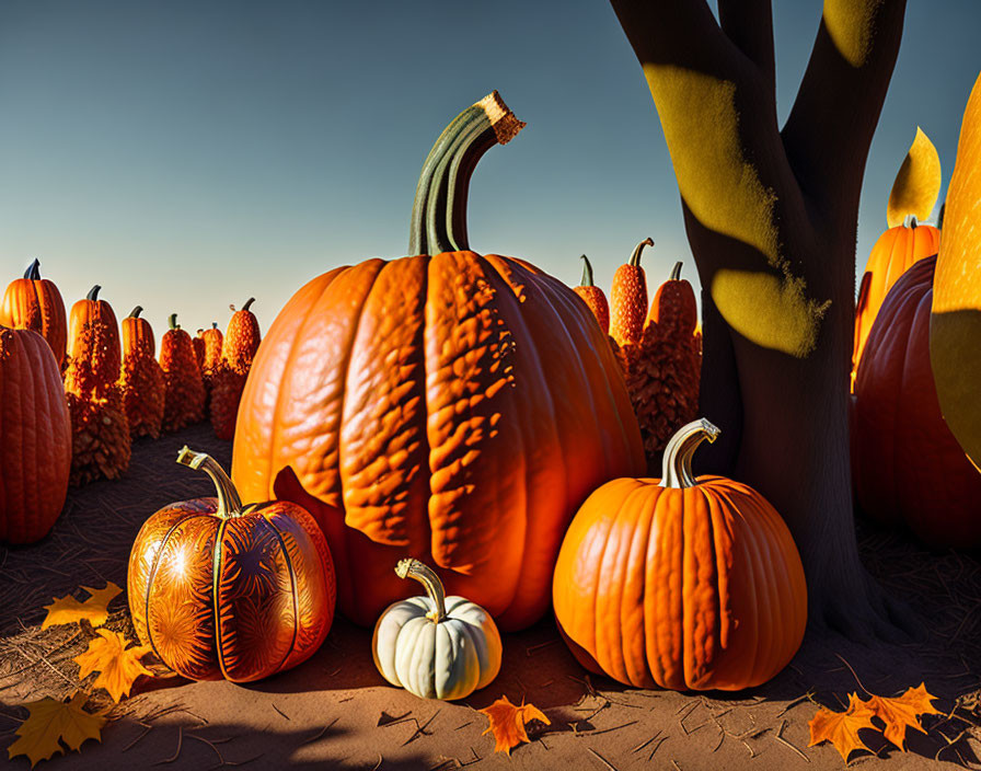 Assorted orange pumpkins in fall setting with autumn leaves and tree shadow