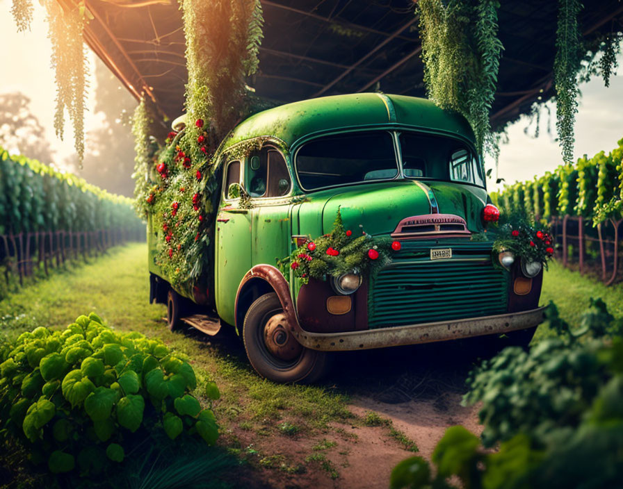 Vintage Green Truck with Flowers in Lush Vineyard