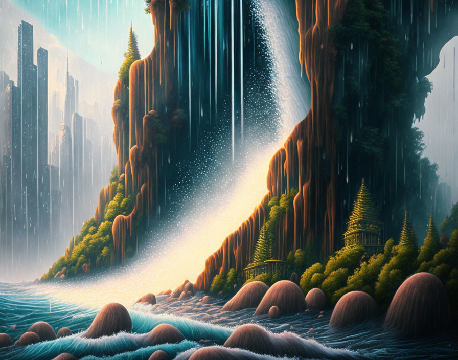 Majestic landscape with waterfalls, cliffs, river under starlit sky