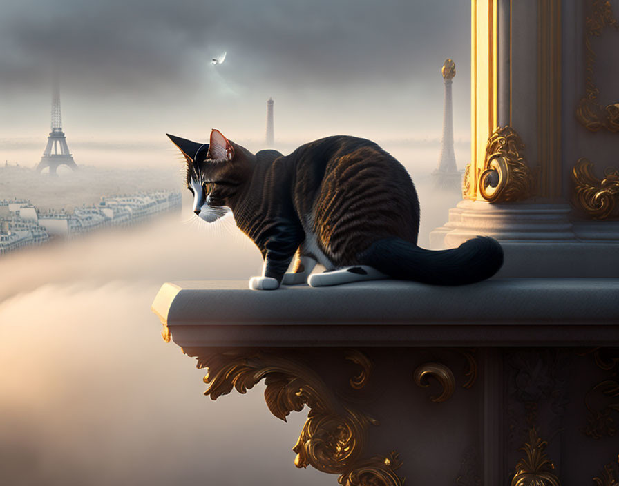 Cat on ornate balcony overlooking foggy Paris with Eiffel Tower.