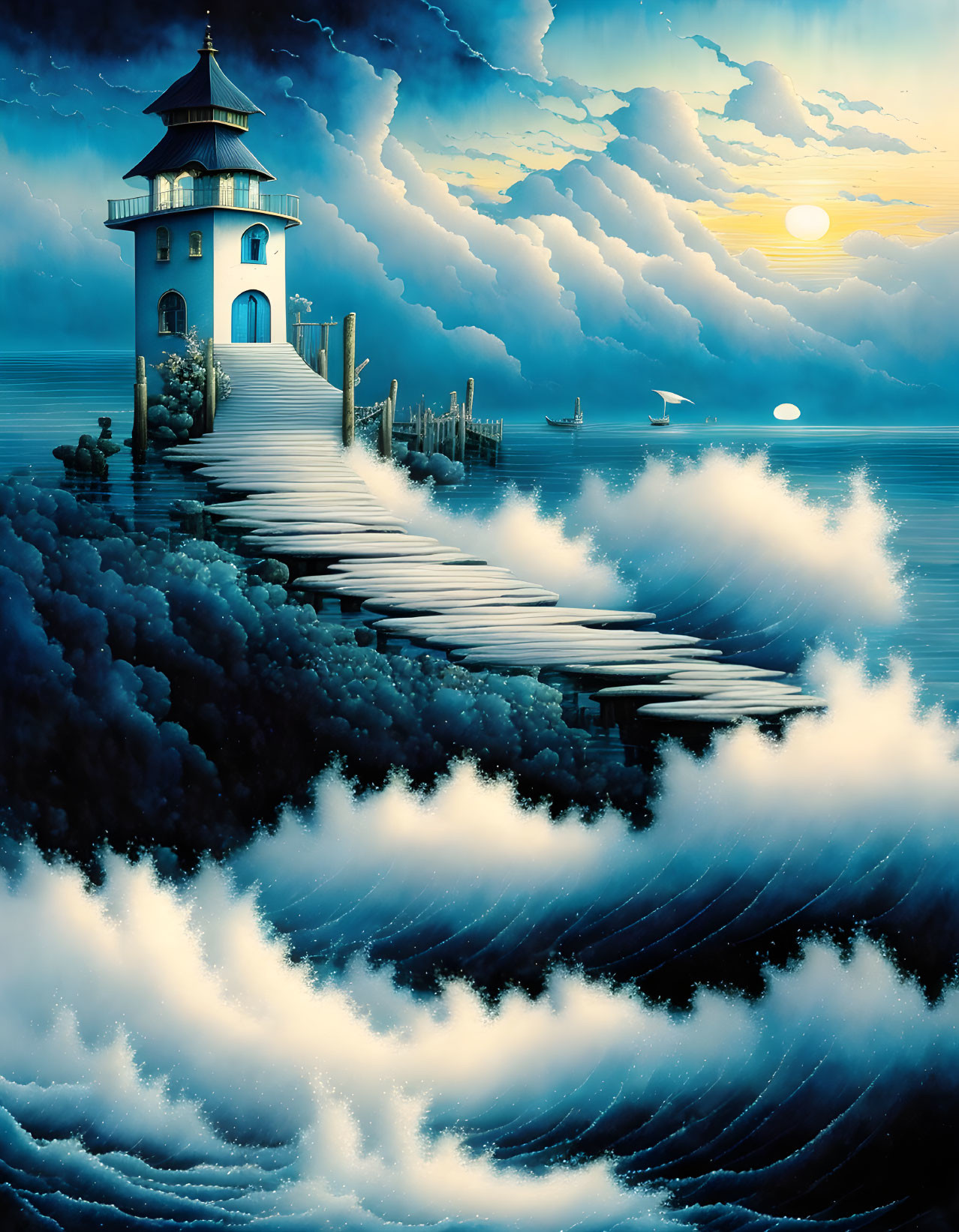 Fantasy artwork: Lighthouse on cliff, bridge above clouds, moonlit sea