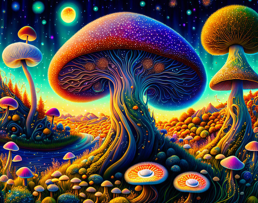 Colorful psychedelic artwork: Oversized mushrooms under starry sky