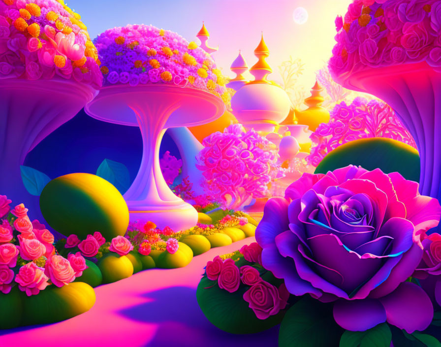 Colorful fantasy landscape with oversized flowers, round canopy trees, and a purple rose in the foreground.