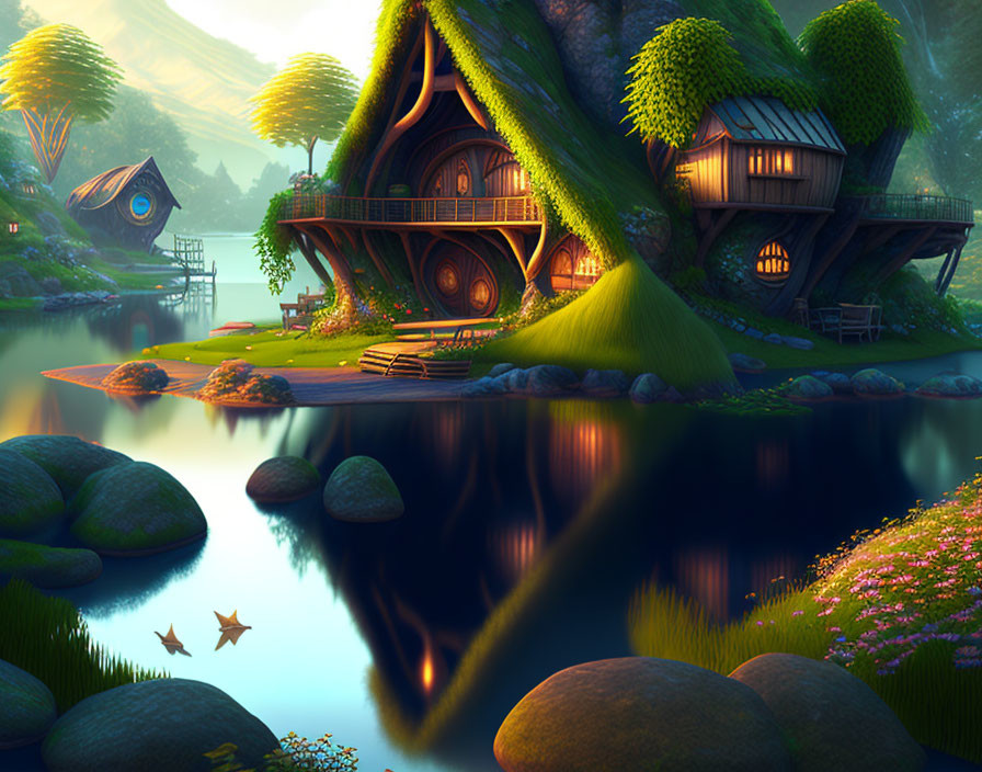 Whimsical glowing treehouses near serene lake at twilight