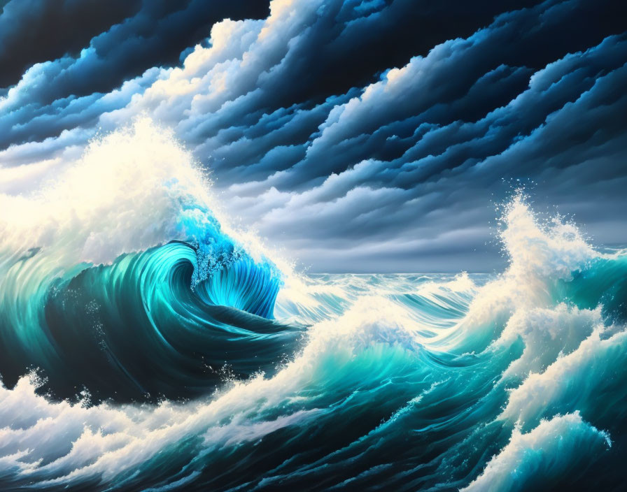 Dynamic Ocean Scene with Curling Wave and Dramatic Sky