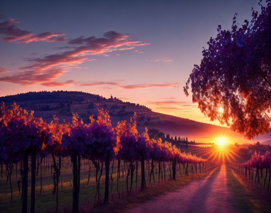 Serene vineyard at sunrise with colorful sky and blossoming tree