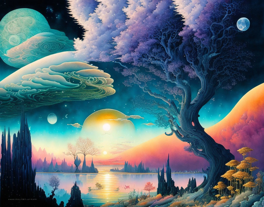 Fantastical landscape with purple tree, moons, sunset, lake, whimsical clouds