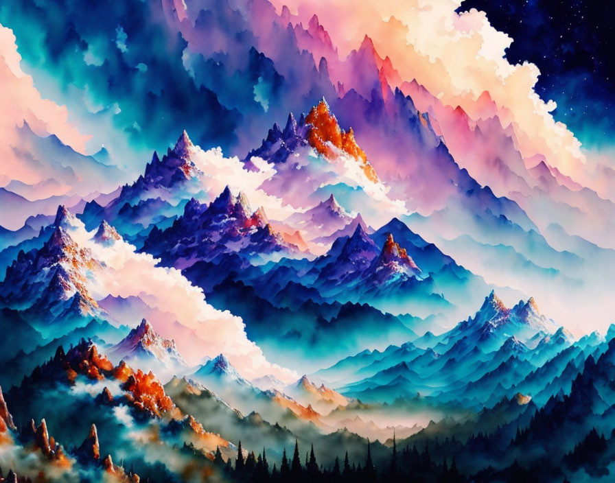 Mountain Range Watercolor Painting with Blue, Purple, and Orange Hues