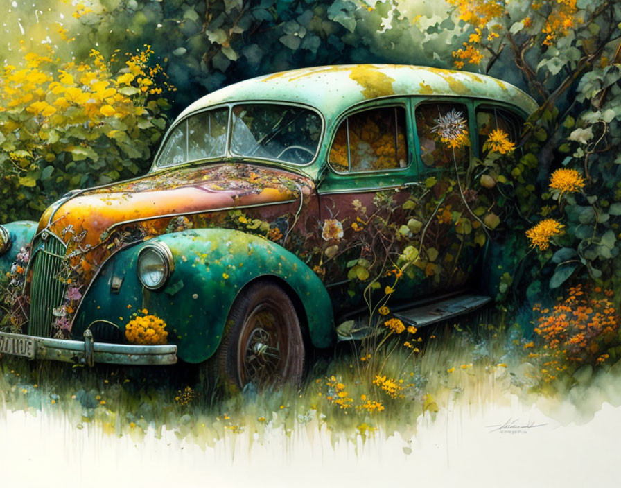 Abandoned vintage green car covered in lush vegetation and yellow flowers