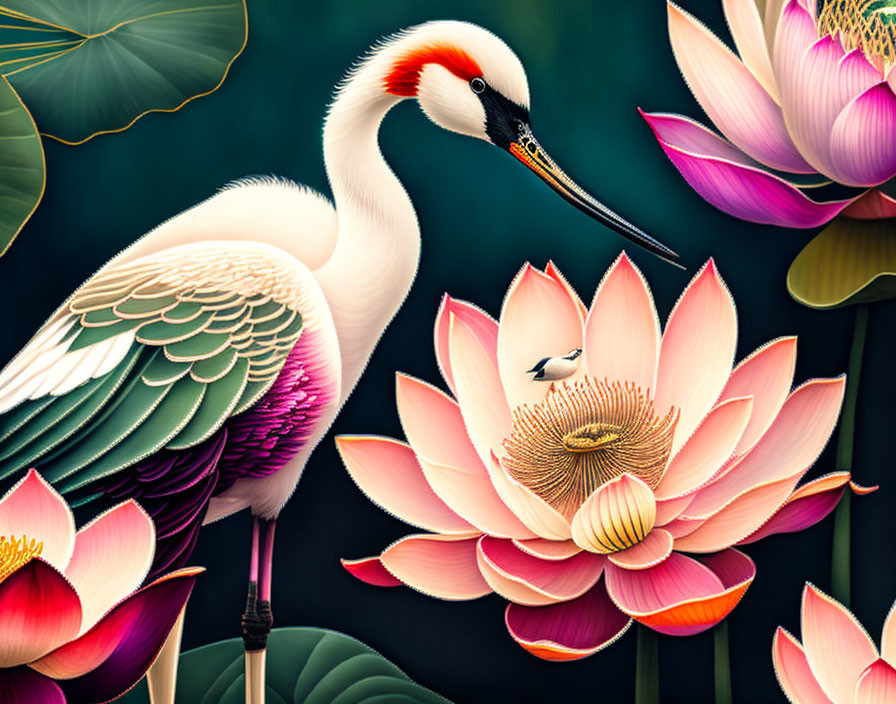 Colorful digital artwork of crane, pink lotus flowers, and bird.