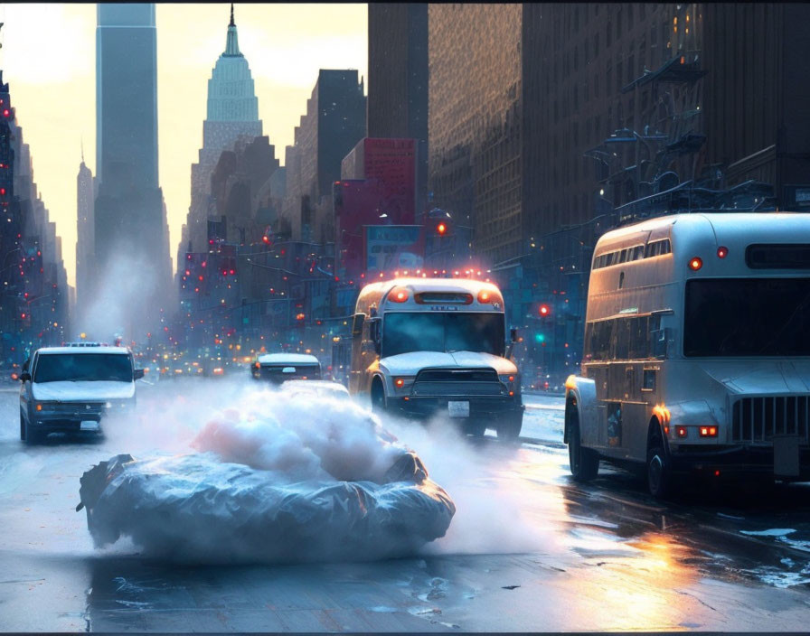 City street at dusk with school and city buses and steaming manhole covers