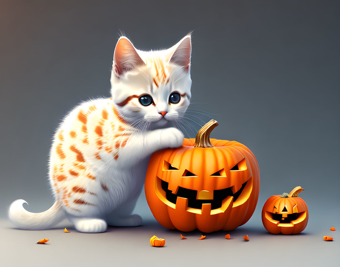 Spotted kitten with pumpkins and candies in Halloween scene