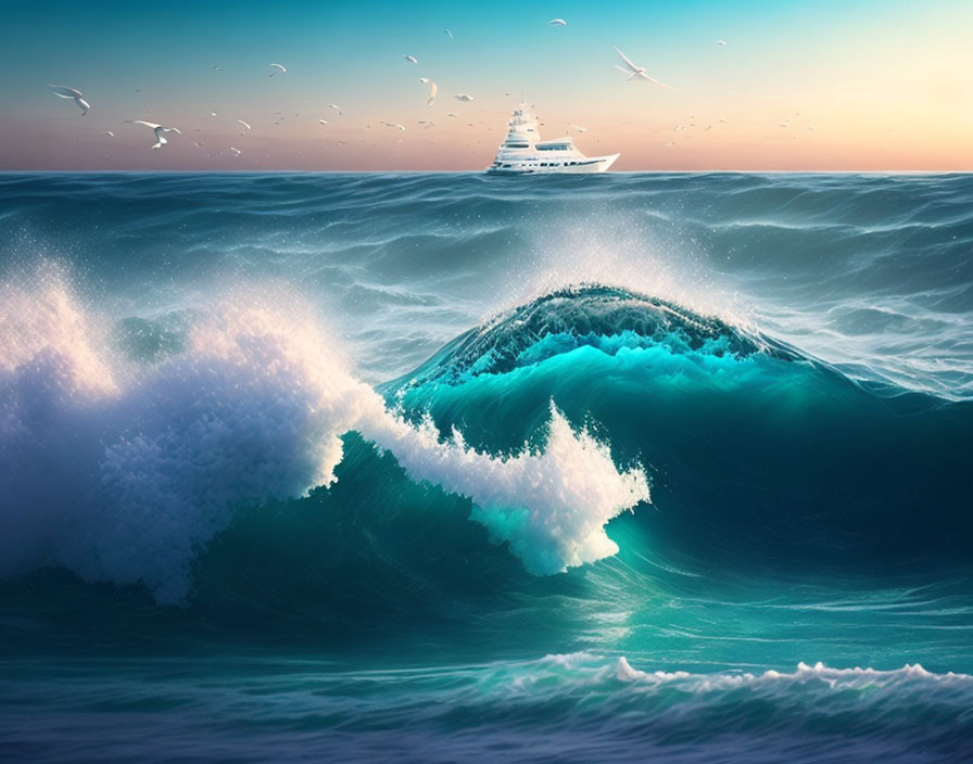 Serene seascape with turquoise waves, yacht, and seagulls at dawn