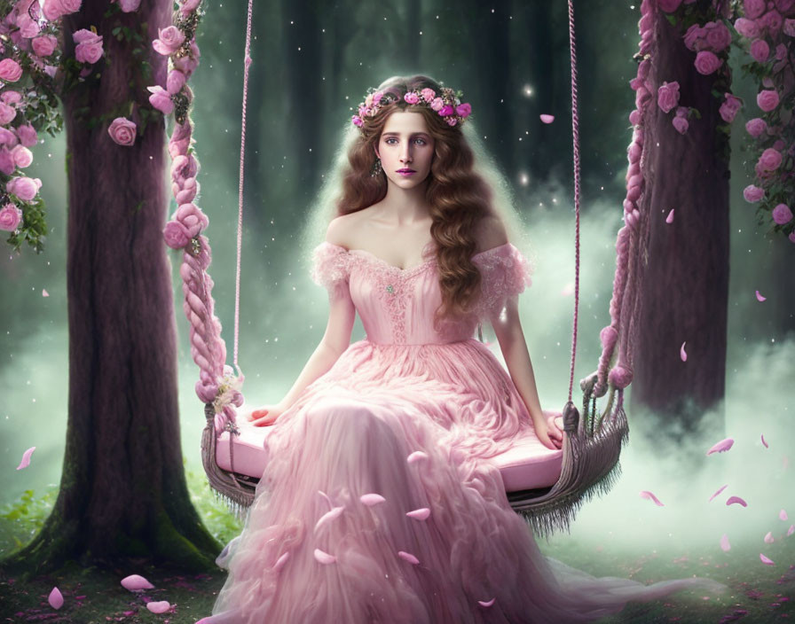 Woman in pink vintage dress on flower-adorned swing in mystical forest