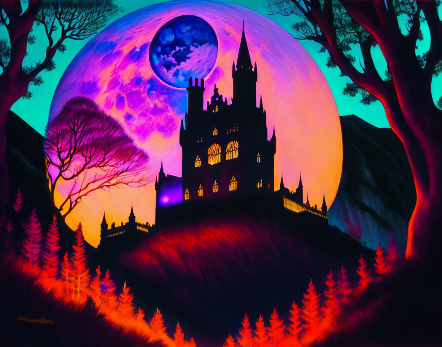 Colorful castle silhouette under large moon in vibrant landscape