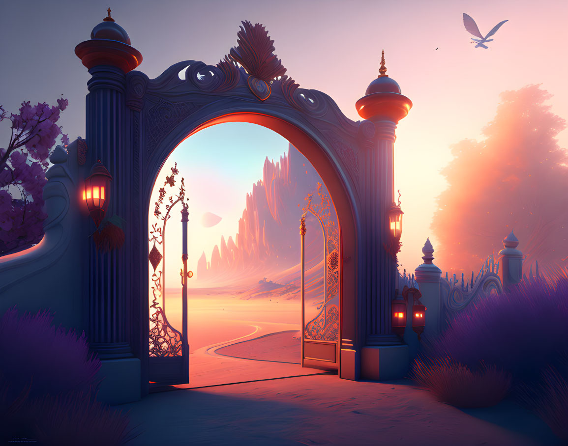 Ornate gate leading to serene sunrise beach view