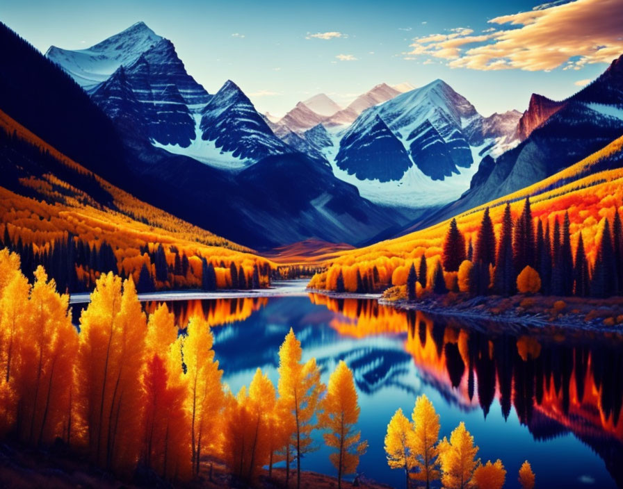 Autumn trees and snow-capped mountains reflected in tranquil lake at sunset