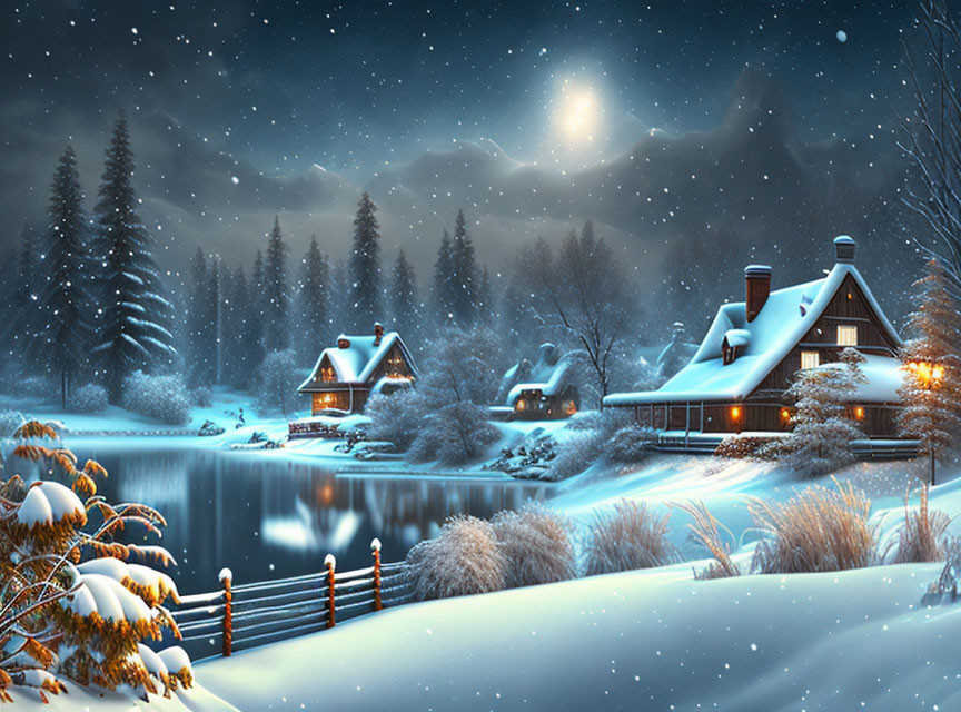 Snow-covered houses near lake under starry sky and moon