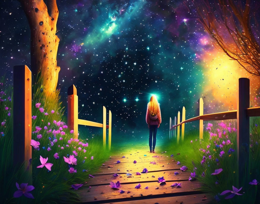 Person strolling on flower-lined path under vibrant starry sky