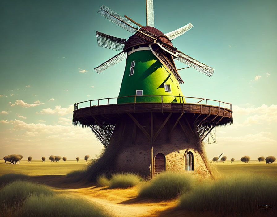 Colorful Windmill Illustration in Golden Field with Trees