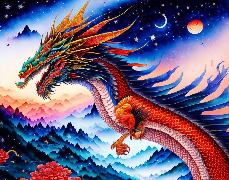 Colorful Dragon Flying Over Stylized Landscape and Starry Sky