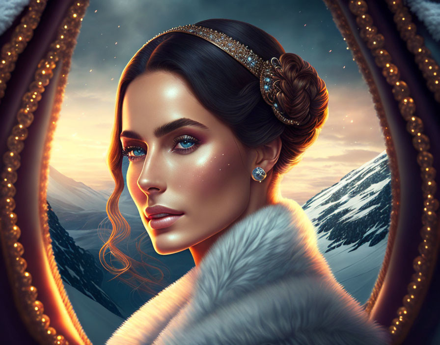 Digital painting of woman in elegant makeup, jewelry, fur garment, and mountain landscape.