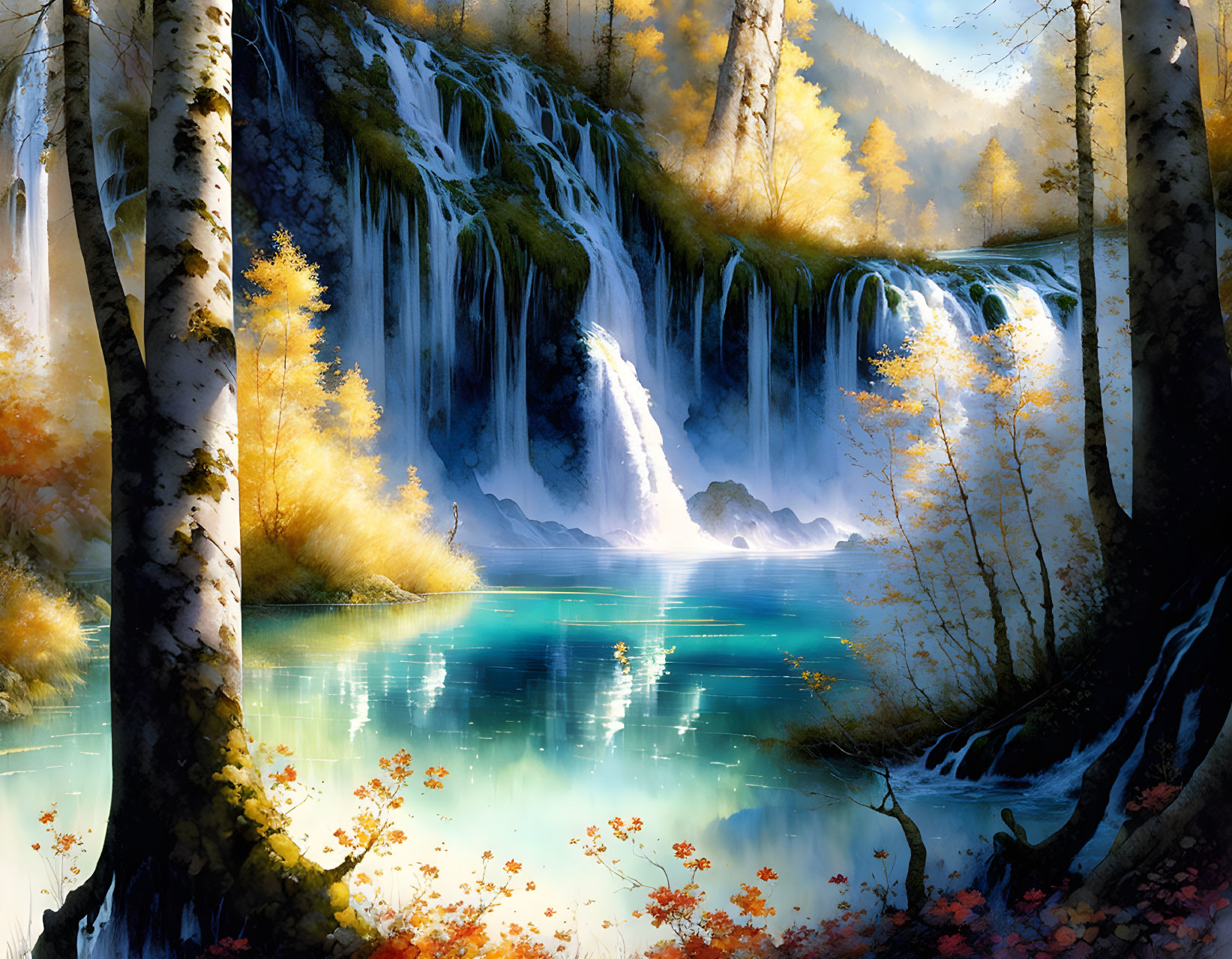 Tranquil autumn waterfall with vibrant trees and clear lake