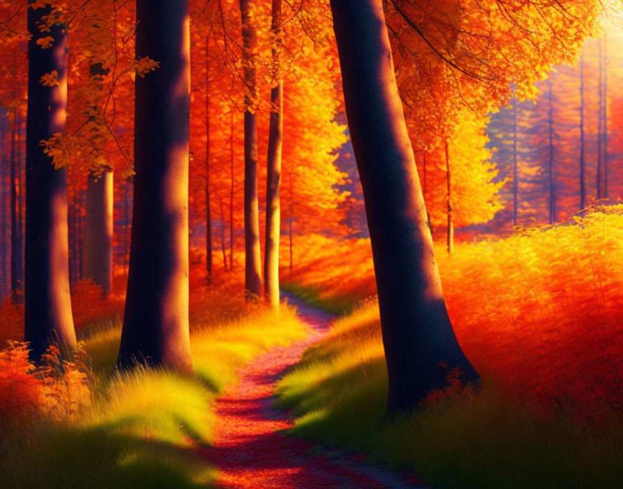 Sunlit Forest Path with Vibrant Autumn Leaves in Tranquil Setting