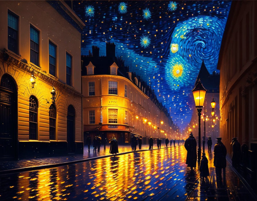 Artistic depiction of starry night sky over lamp-lit street