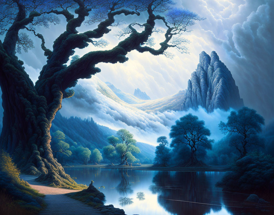 Fantasy landscape with twisted tree, mountains, lake, path, and misty clouds.