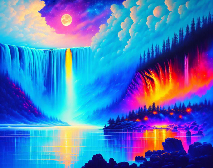 Colorful digital artwork: Waterfall scene with neon blue and orange hues, pink moon, and cloud