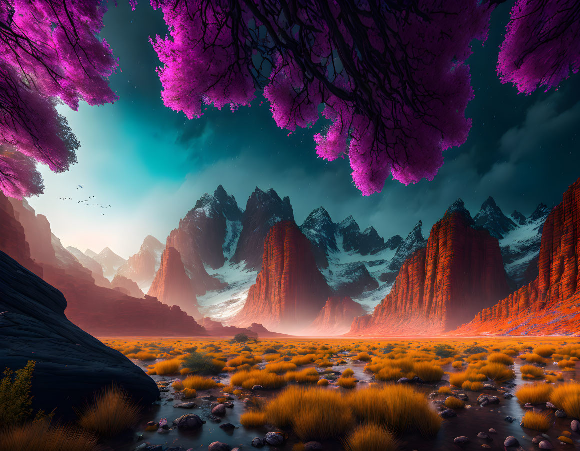 Vibrant purple foliage, towering red mountains, and golden field in surreal landscape