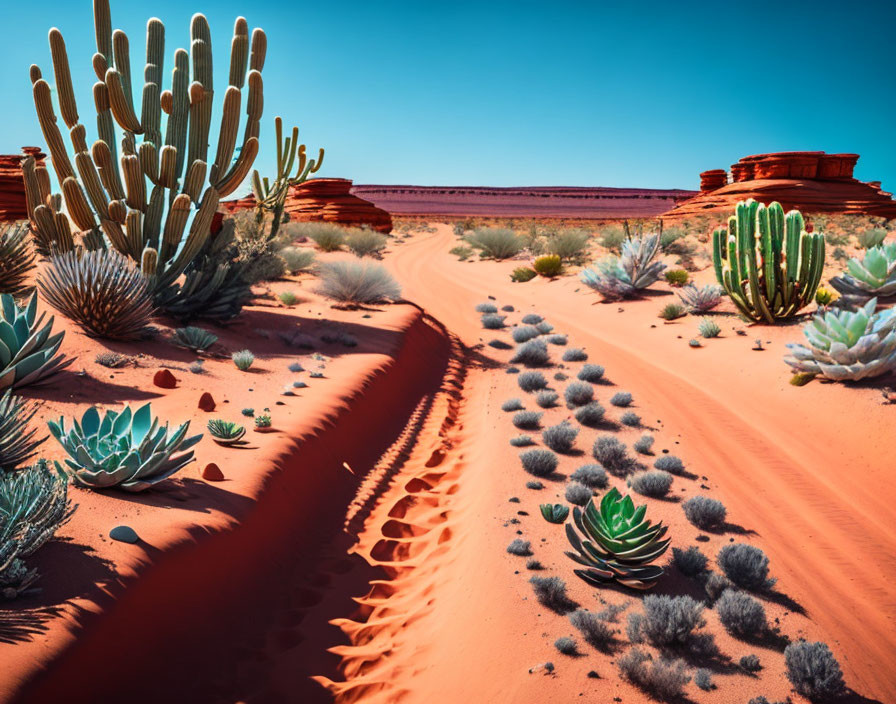 Desert landscape with dirt road, cacti, succulents under blue sky