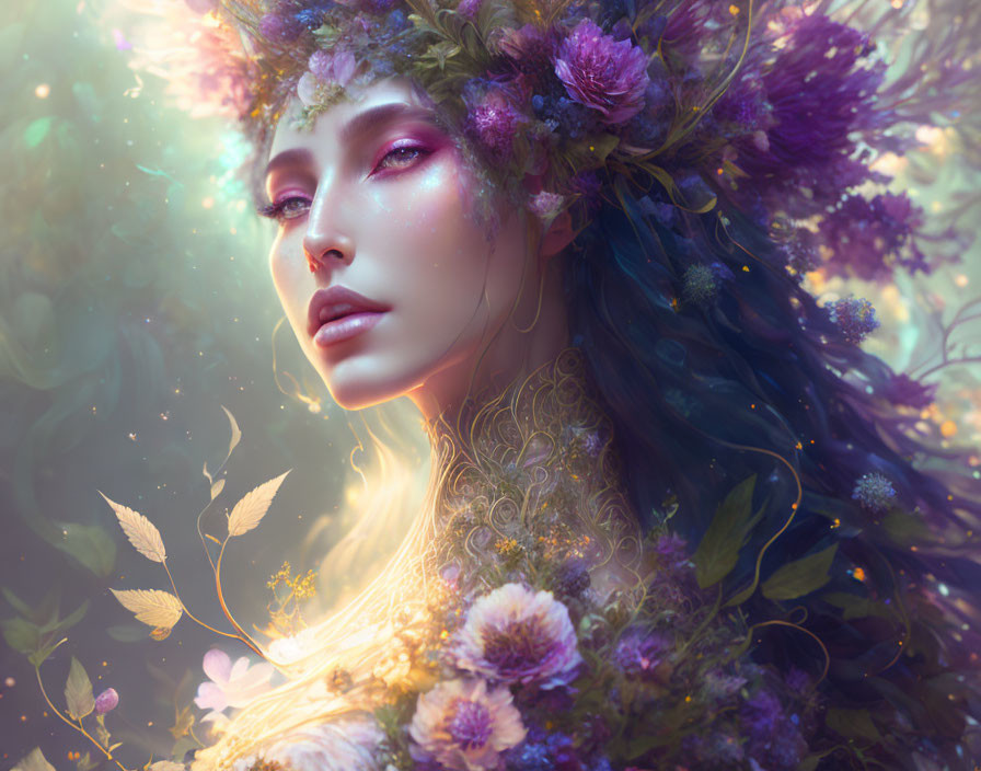 Ethereal woman with lush flower crown in serene ambiance