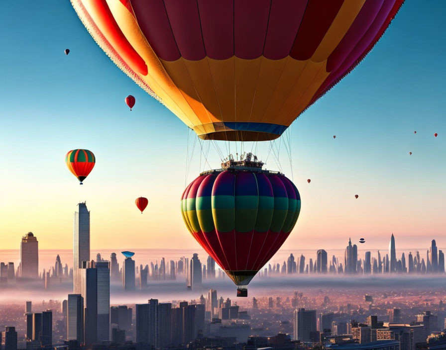 Vibrant hot air balloons over city skyline at sunrise