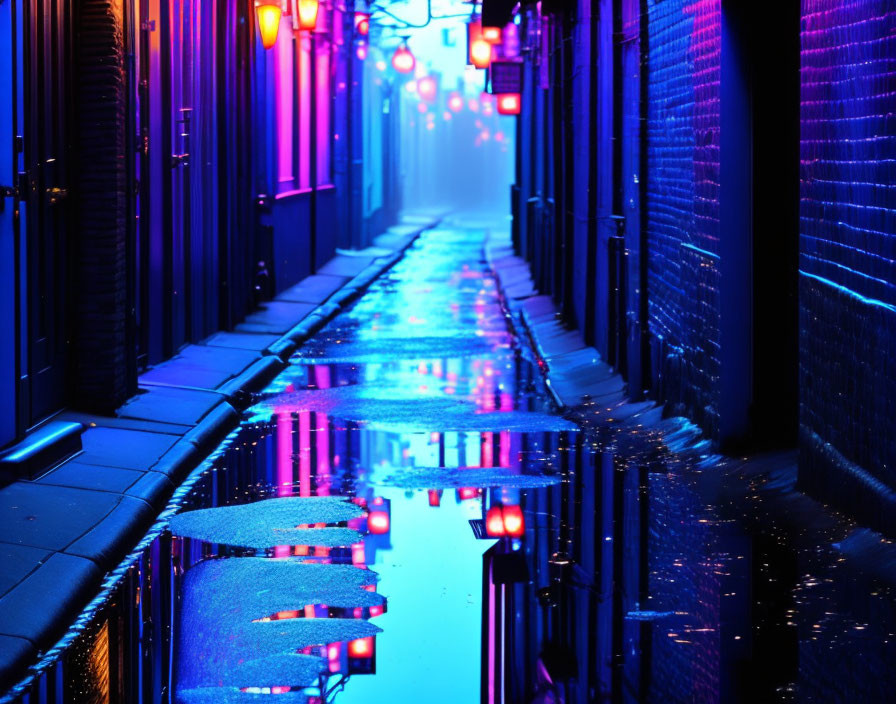 Neon-lit alley with wet cobblestone reflections