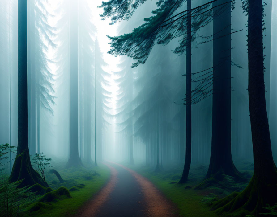 Misty forest path with tall trees and soft sunlight