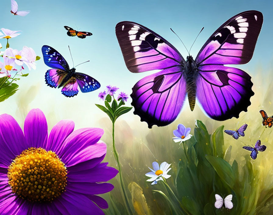 Colorful butterflies and flowers on a sky-blue background