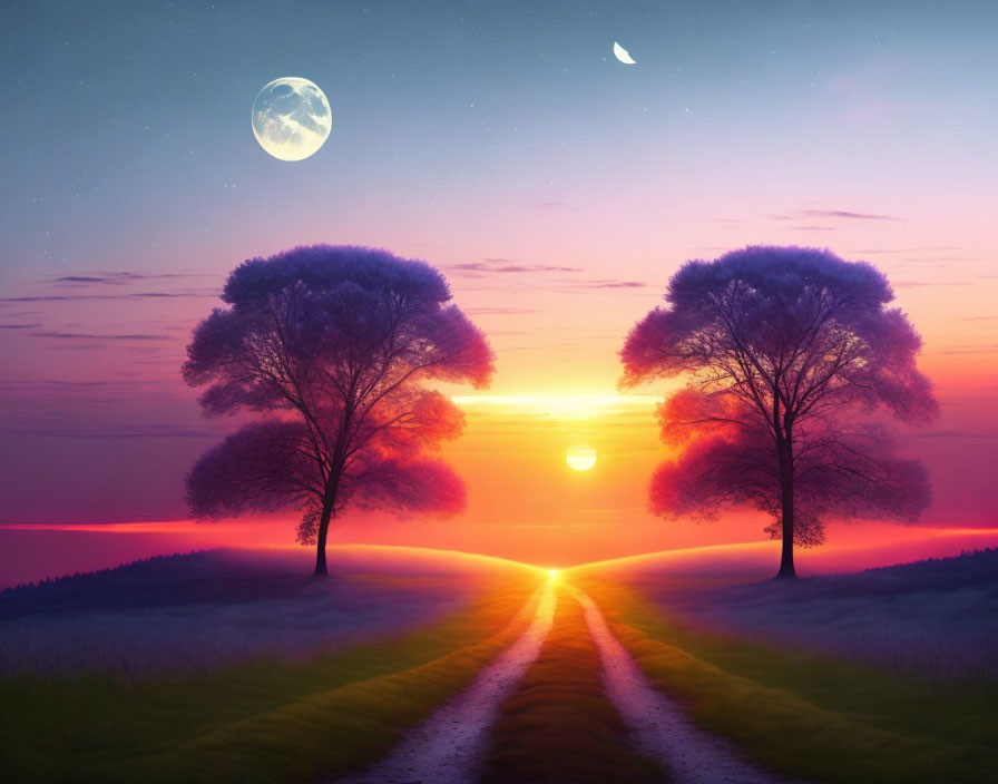 Tranquil twilight landscape: vibrant sunset, silhouette trees, full moon