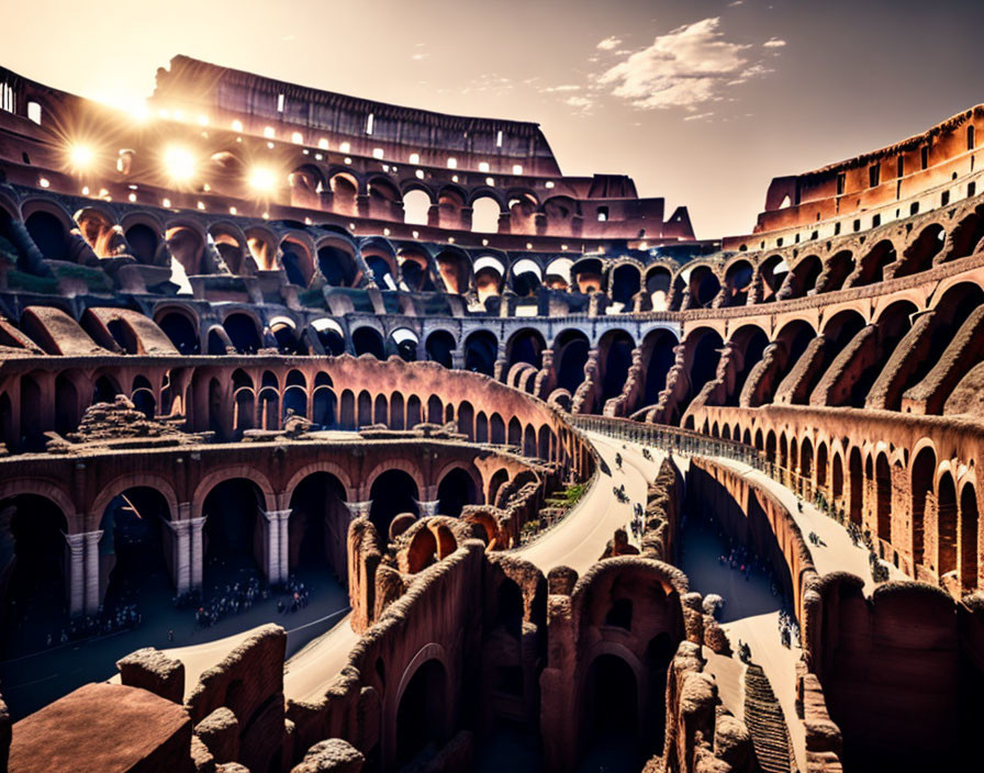 Sunlit Interior View of Rome's Colosseum with Archways