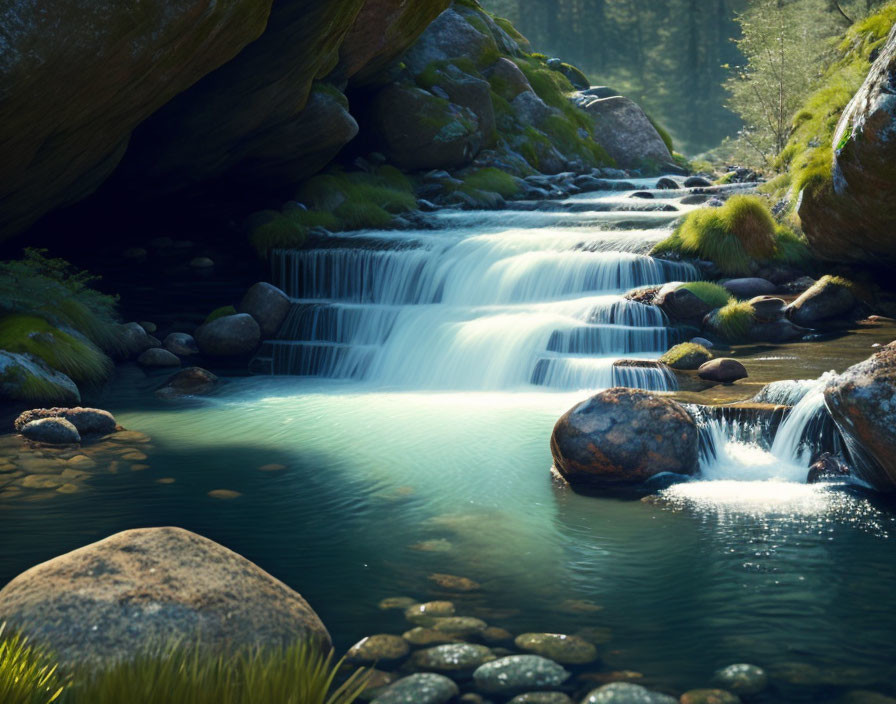 Tranquil waterfall scene with sunlight, trees, moss-covered rocks, and pool