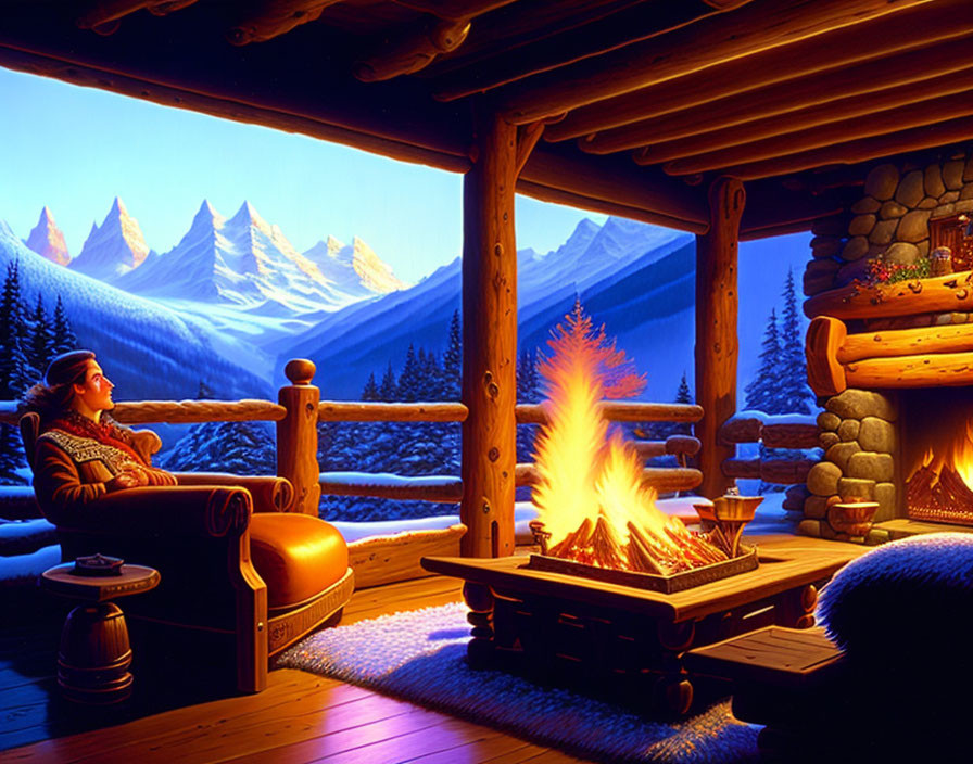 Snowy Mountain Cabin Interior with Roaring Fire and Relaxing Person