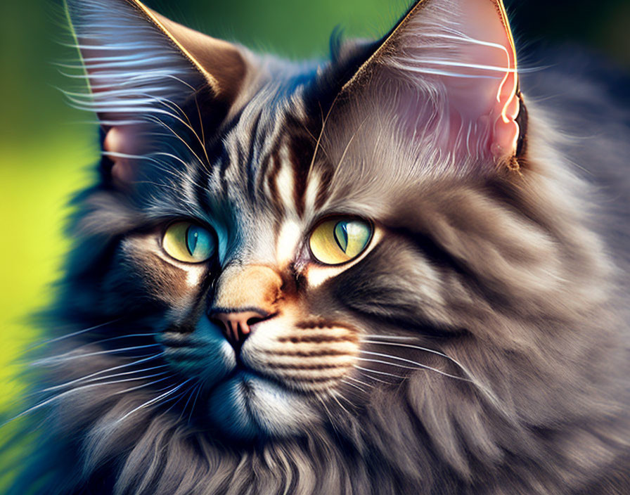 Fluffy Maine Coon Cat with Yellow Eyes and Tufted Ears