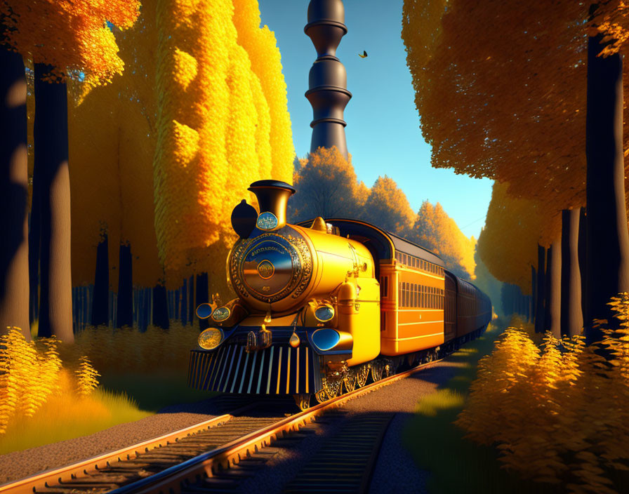 Vintage golden-yellow train on tracks amid tall autumnal trees under clear blue sky