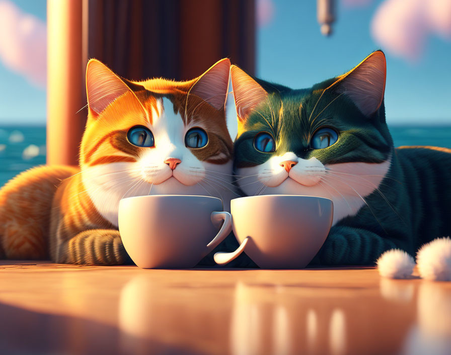 Two expressive-eyed animated cats by a coffee cup in warm sunlight.