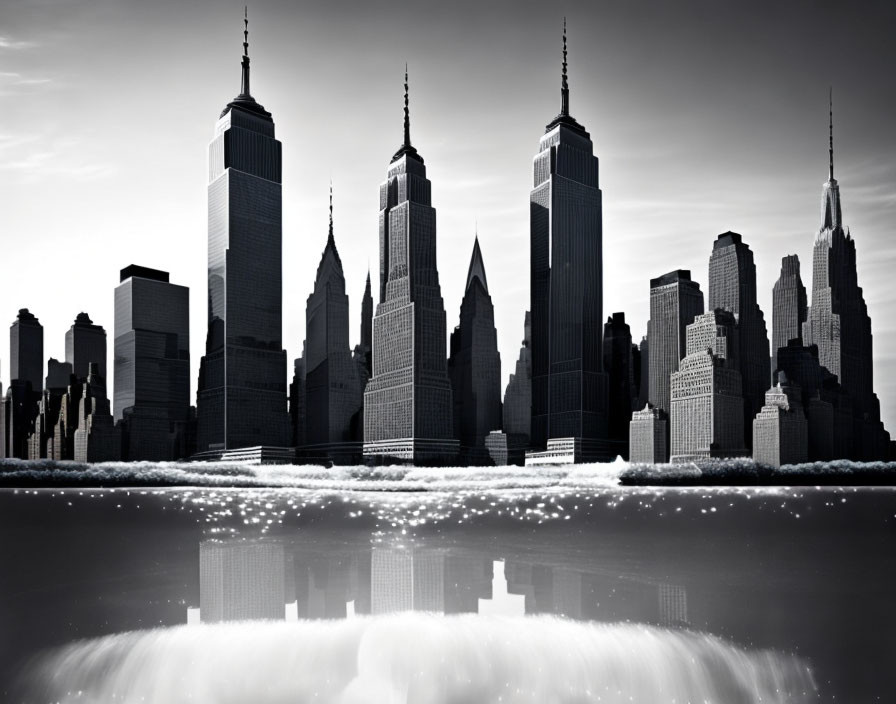 Monochrome cityscape skyline with skyscrapers reflected on water.